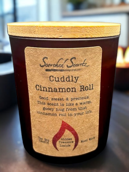 Cuddly Cinnamon Roll Scented Candle | 100% Soy Wax with a Wood Wick & Hidden Treasure Inside