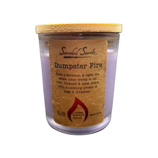 Dumpster Fire Scented Candle | 100% Soy Wax with a Wood Wick & Hidden Treasure Inside