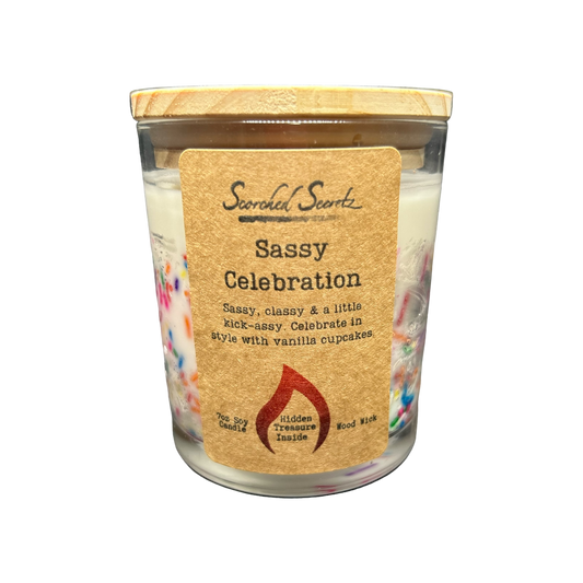 Sassy Celebration Scented Candle | 100% Soy Wax with a Wood Wick & Hidden Treasure Inside